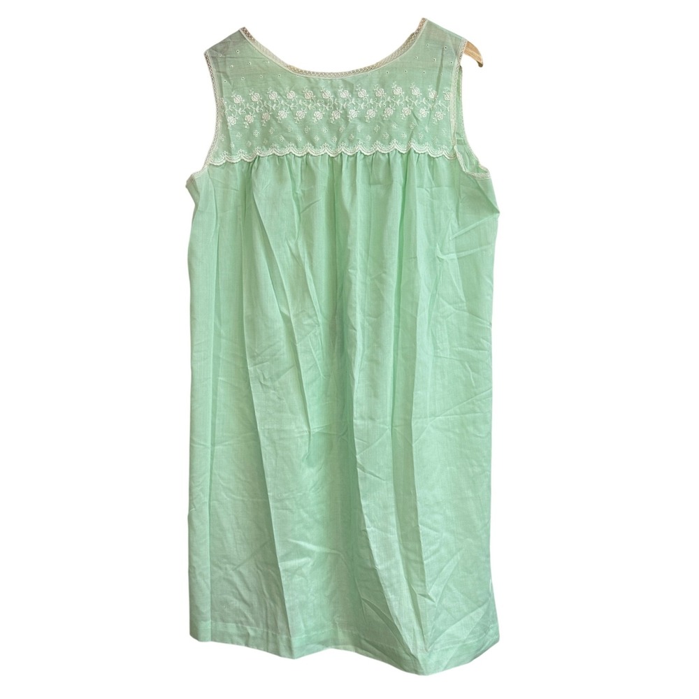 Vintage Mint Green Embroidered Lace Nightgown Sleep Dress Made USA Womens Medium